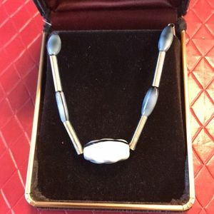 Silver and purplish gray with black stripe beaded necklace